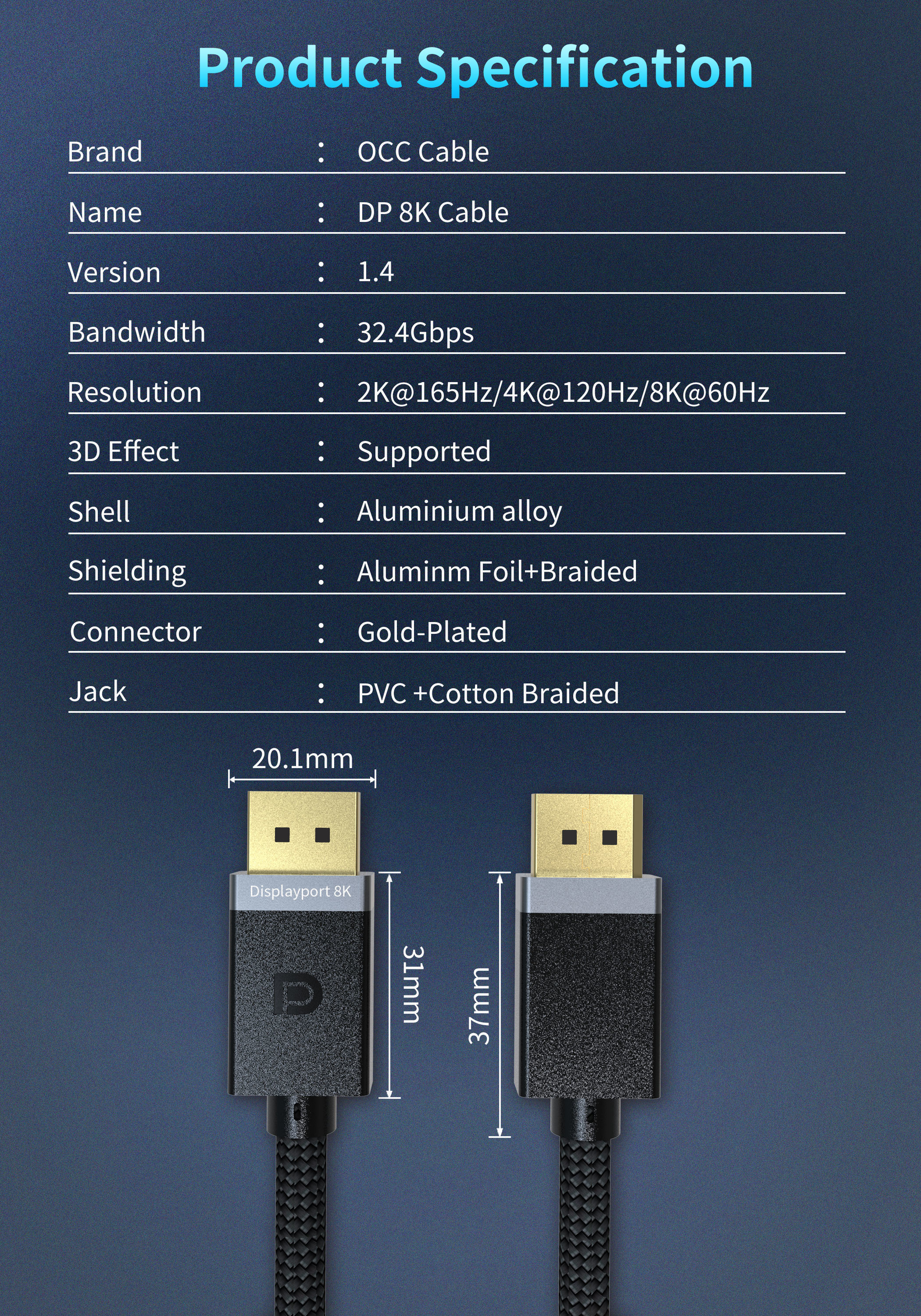 1.2 144Hz Gold Plated 8K Displayport Cable DP1.4 VESA Certified HBR3 DSC