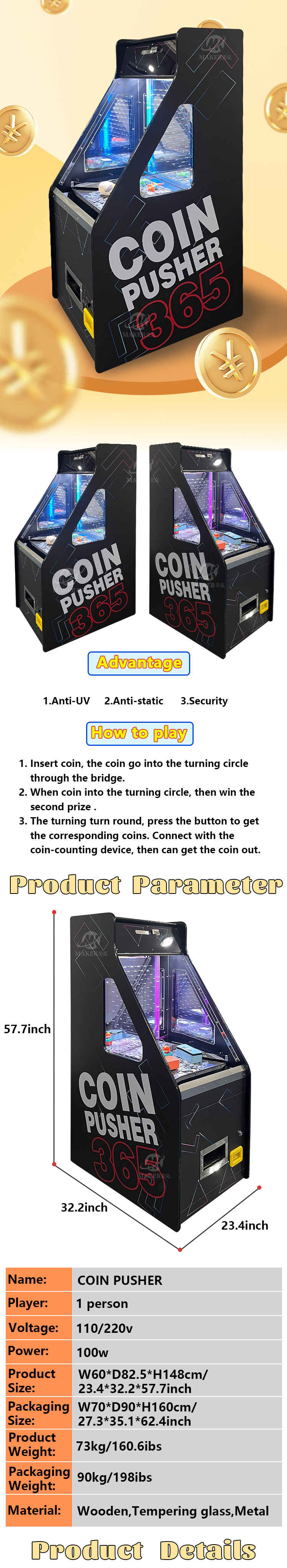 Black Coin Mechanism Quarter Arcade Coin Pusher For Shopping Mall