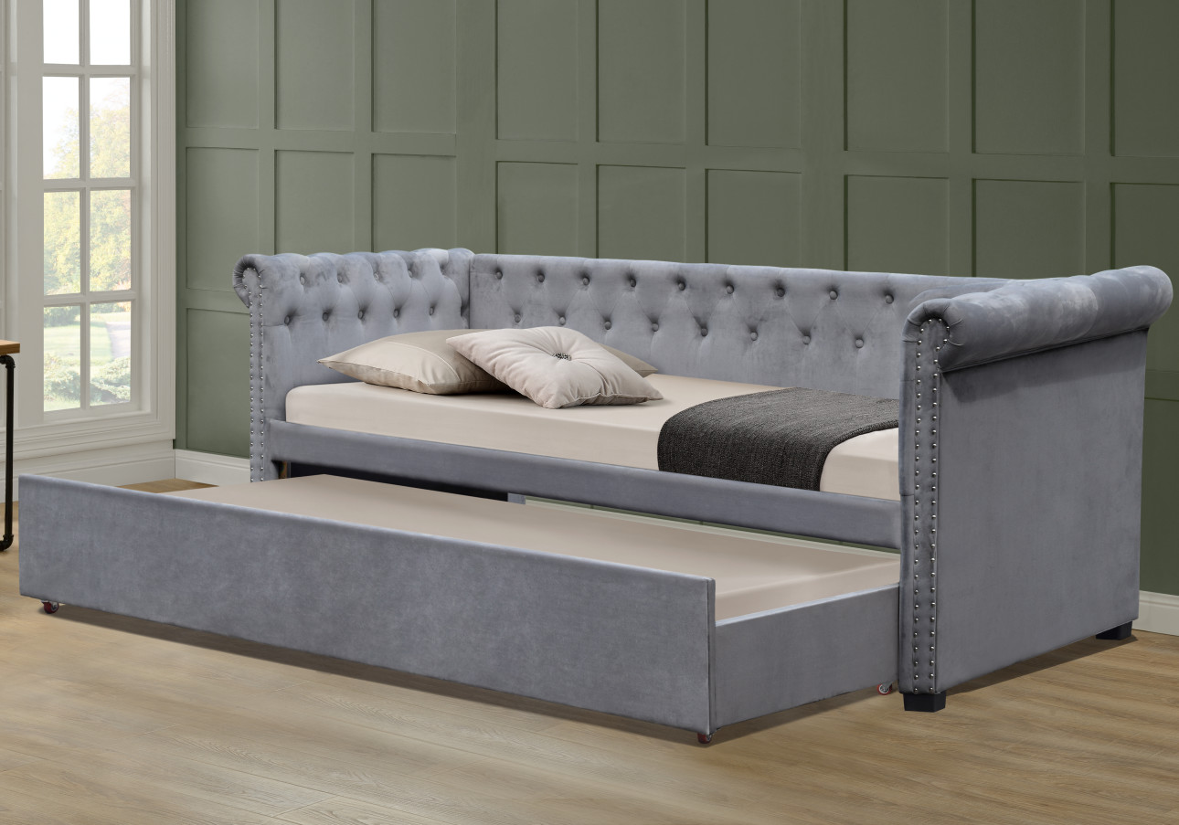 Grey Colour Multifunctional Upholstered Trundle Daybed With Storage