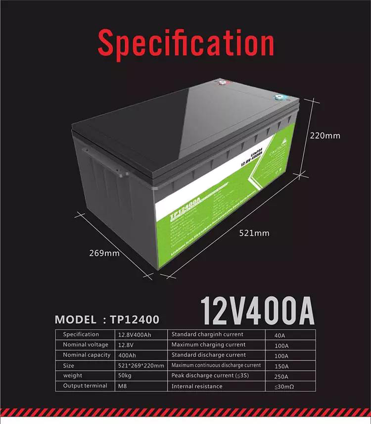 M8 Terminal ROSH Phosphate Solar Energy Storage Battery 12v 400ah Lifepo4