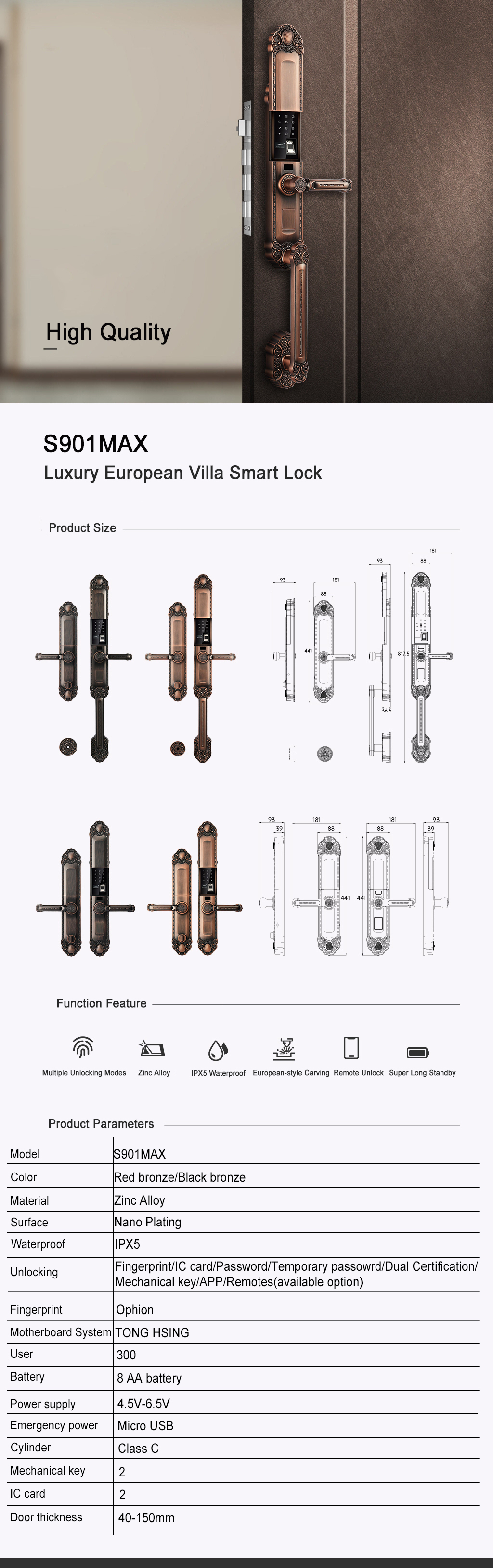 Red Bronze Automatic Fingerprint Door Lock Zinc Alloy App Door Lock