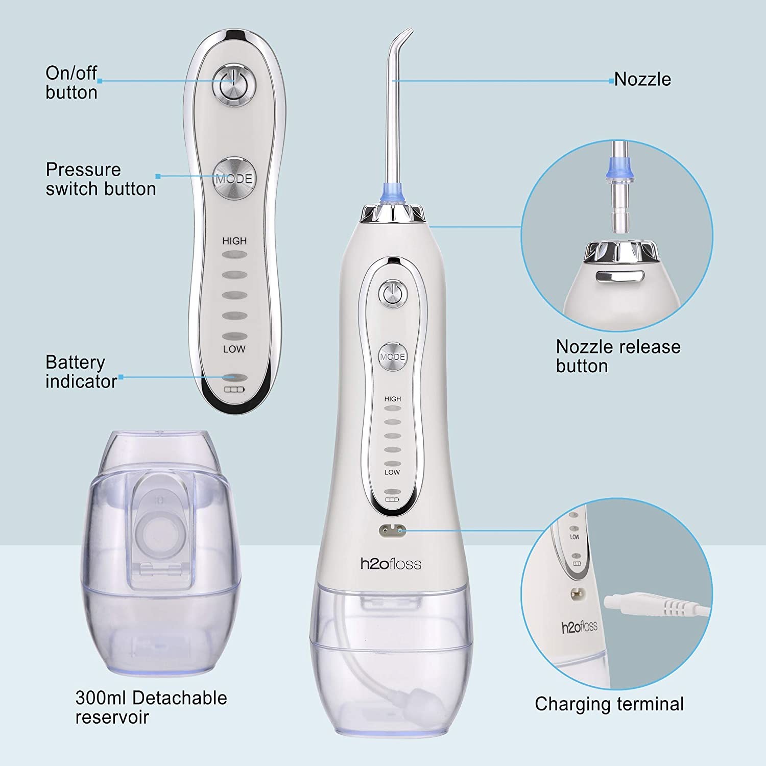 IPX7 Waterproof Electric Water Flosser Cordless Portable Rechargeable