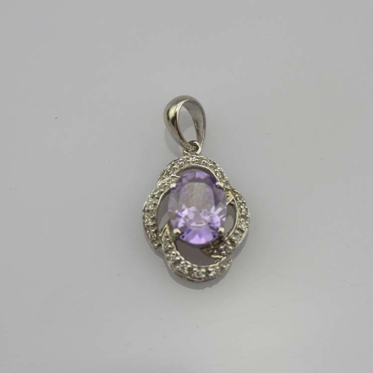 925 Silver Pendant Necklace 7x9mm Oval Lavender Amethyst Cubic Zirconia (PSJ030)
