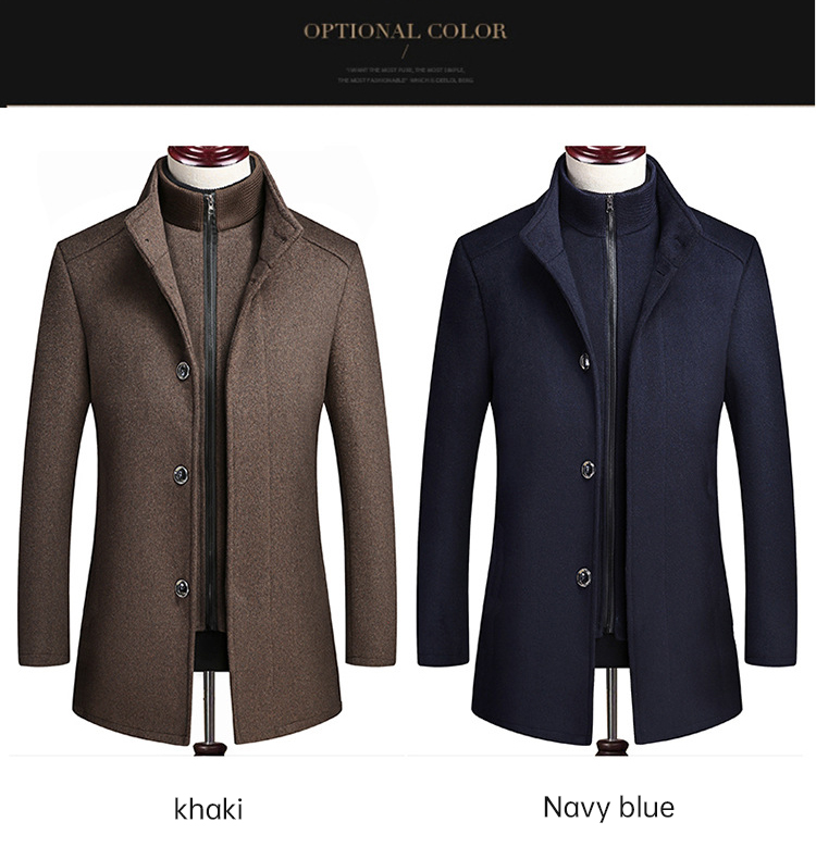 Double Collar Winter Mens Wool Long Coat with Removable Waistcoat and Custom Slim Design
