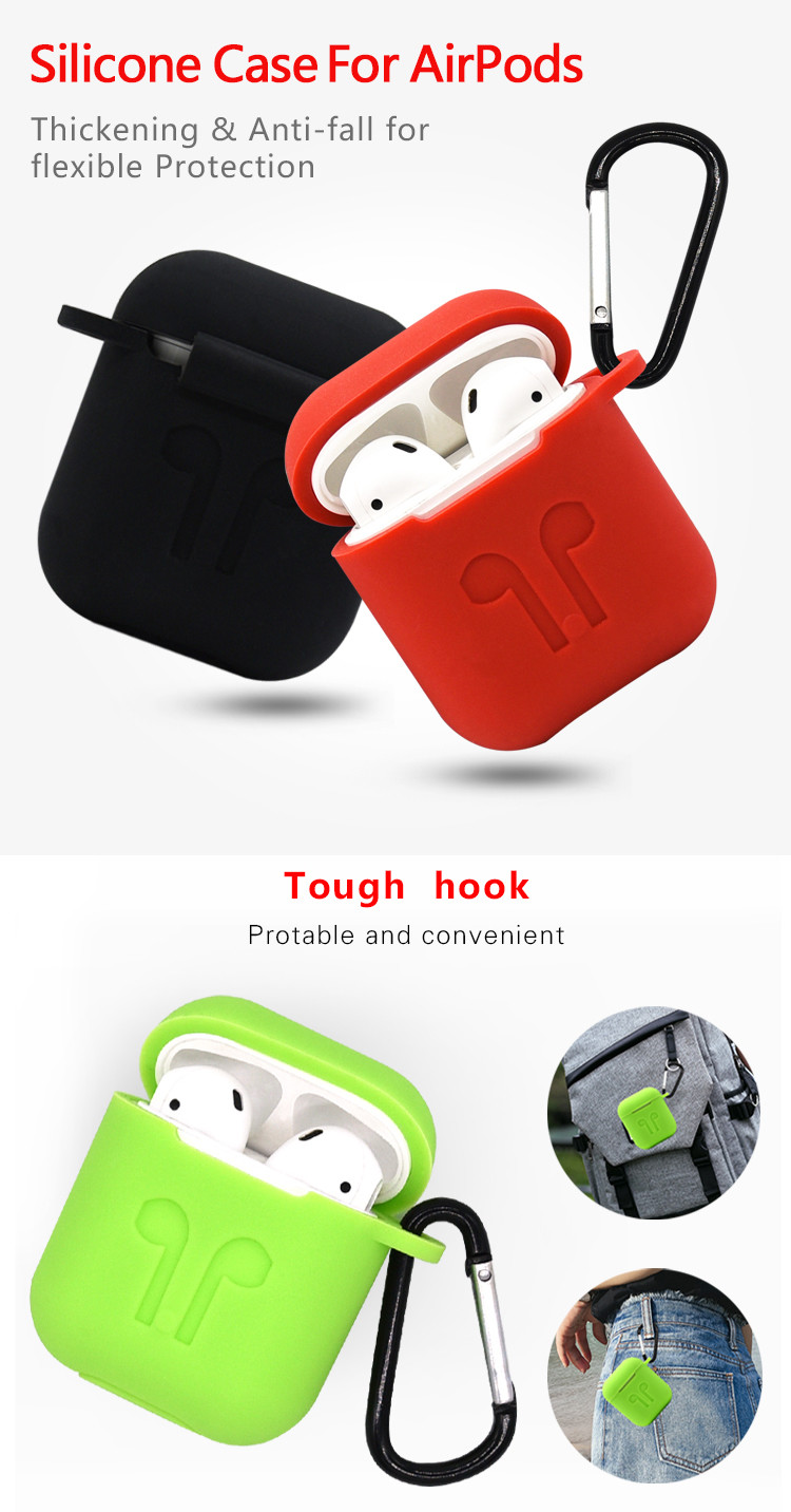 Protective Charging Case Cover For Air Pods Portable Soft Silicone Skin cover case with Carabiner Keychain for Apple Air