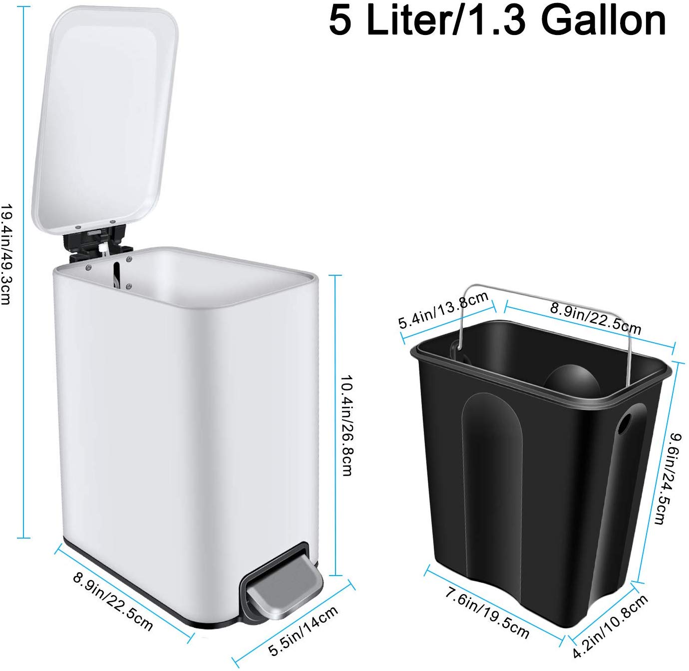 Small foot pedal Indoor Trash Can 5 Liter 1.3 Gallon Rectangular Step Garbage Can