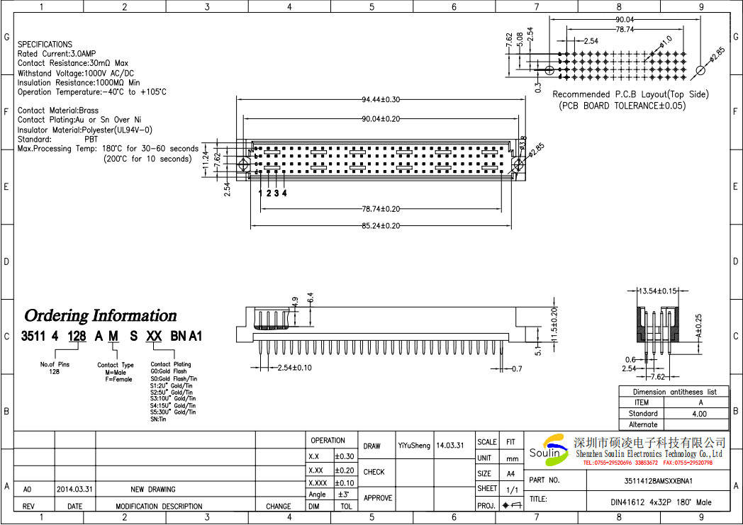 Staright H11.5 Din 41612 Connector Four Row 128p Right Angle