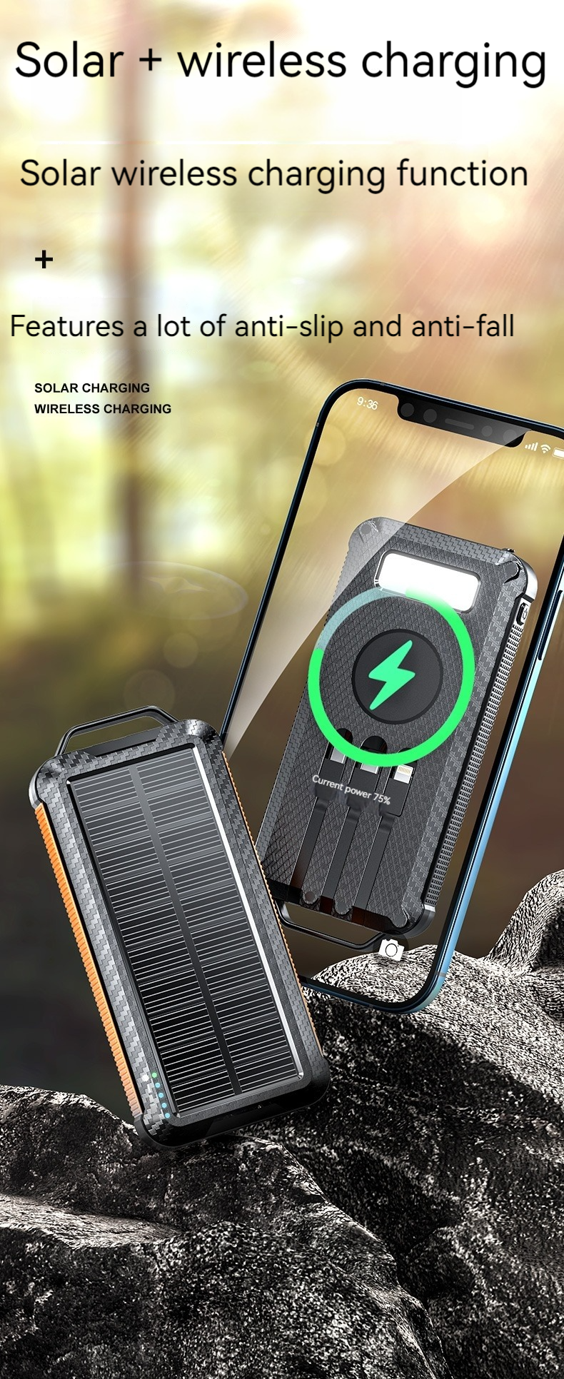 Ultra Thin Fast charging Battery Charger 10000mAh Wireless Solar Power Bank for Outdoor