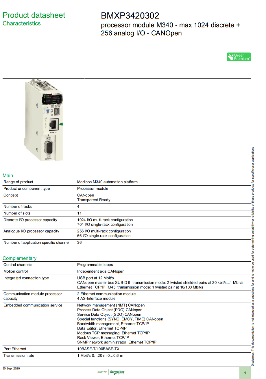 Schneider Electric Modicon M340 series BMXP3420302 PLC CPL 24V DC current