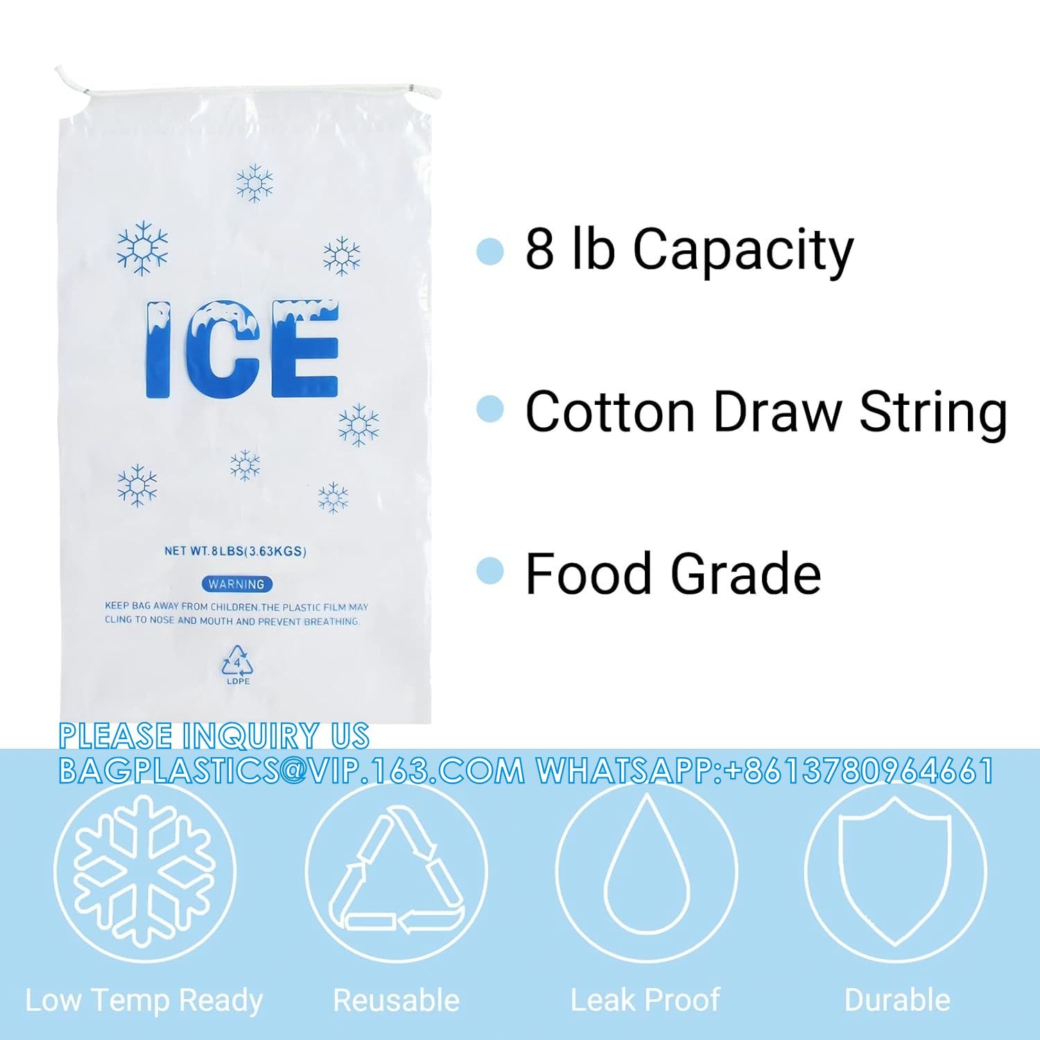 8 Lb. Plastic Ice Bags With Cotton Draw String 11 X 19 Inch Heavy-Duty Plastic Ice Storage Bags With Draw String