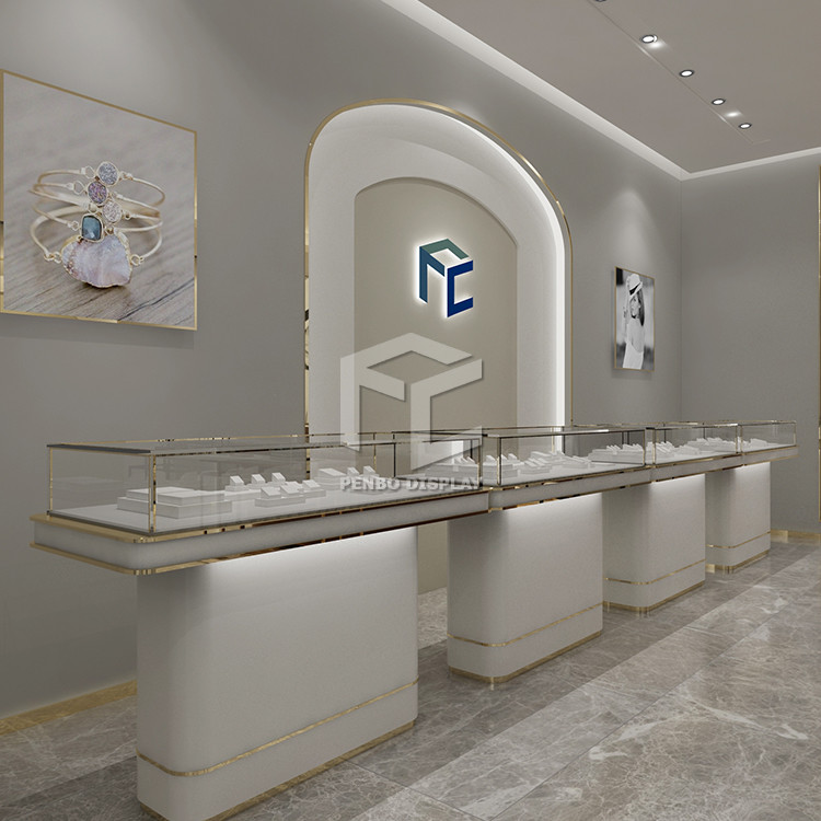 Penbo EPE Packaging Glass Jewelry Shop Furniture T5 LED Display Cases For Retail Stores