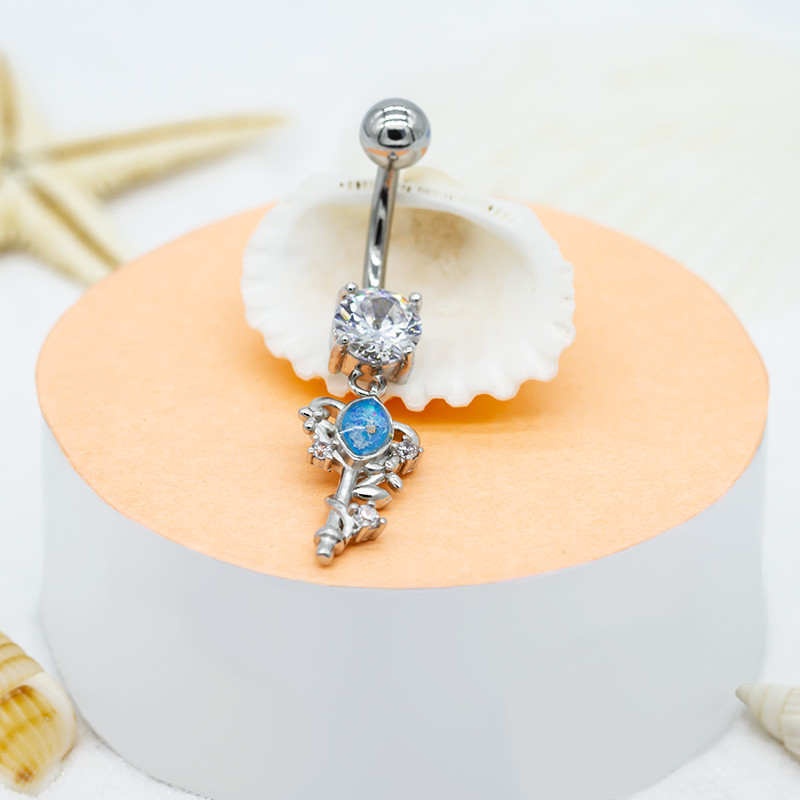 Blue Opal Gem Body Piercing Jewelry 14ga 316 Stainless Steel Key Shape