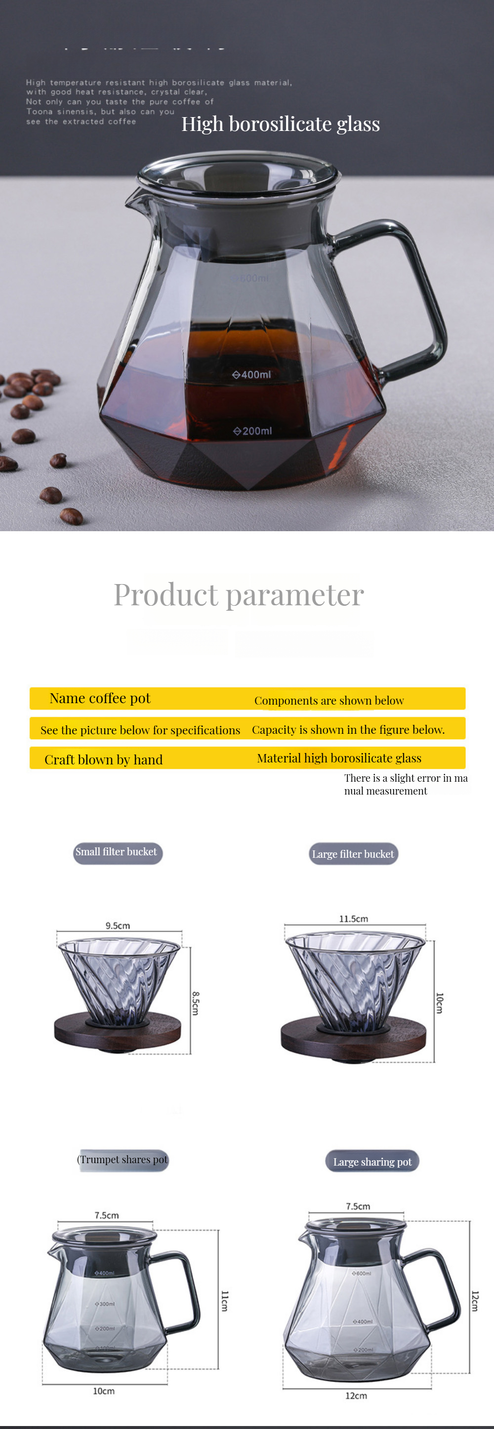 Metal Type Borosilicate Glass Espresso Coffee Server for Eco-friendly Heat-Resistant