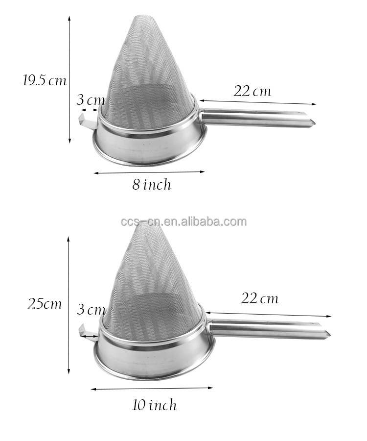 8/10 Inch Commercial Colander Steel Mesh Filter Stainless Steel China Cap Strainer Notch Wire Filter For Restaurant Filt