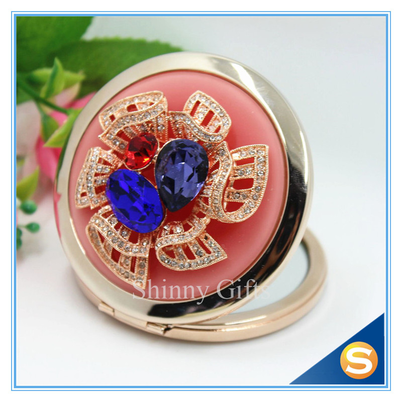 Shinny Gifts Luxury Crystal Cosmetic mirror Round Shape Metal Pocket Mirror