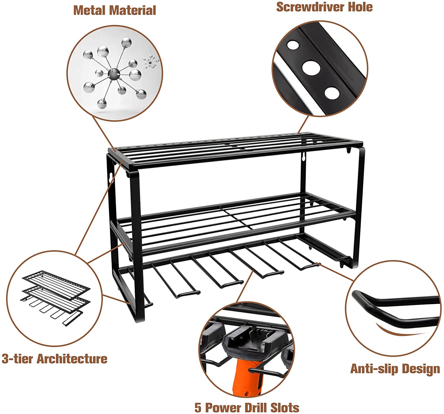 Efficiently Store Your Metal Wall-Mounted Drill Holder with Our Heavy Duty Tool Shelf