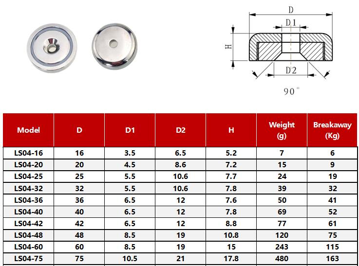 75kg Force Neodymium NdFeB Shallow Pot Magnet with Countersunk Mounting Hole D48x10.8mm