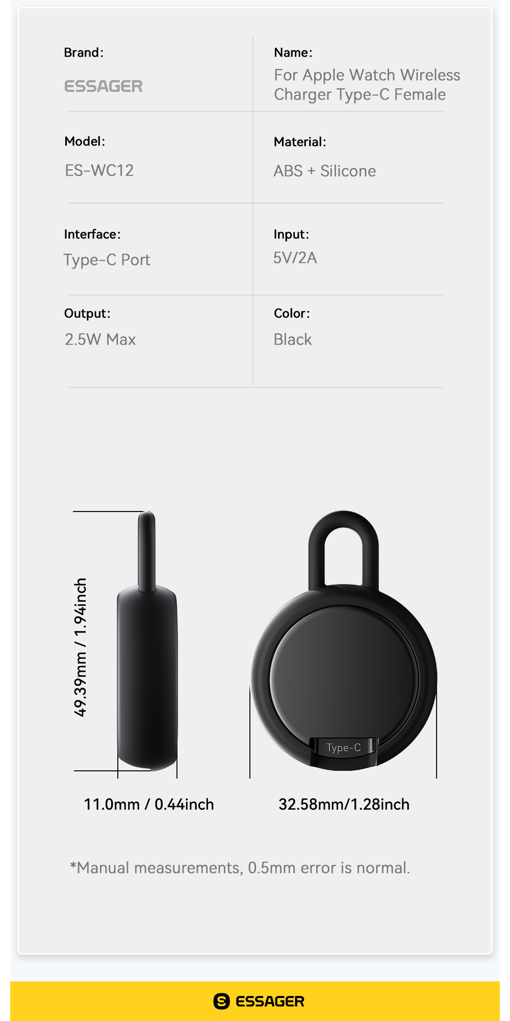 ABS Silica Gel Wireless Watch Charger 2.5W Max ES-WC12 Series