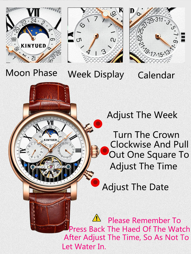KINYUED New Silver Case Moon Phase Clock Movement Genuine Crocodile Watch Strap Water Resistant Watch
