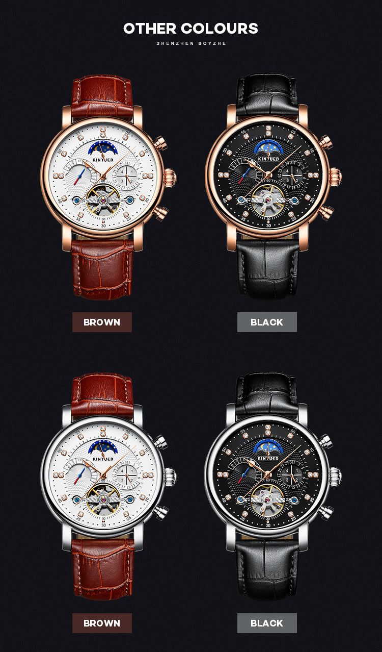 KINYUED hot sales Fashion Tourbillon Automatic Movement Mens Automatic Mechanical Watch Genuine Leather Wristwatch