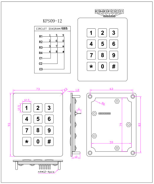 IP68 waterproof rugged 12 keys metal keypads