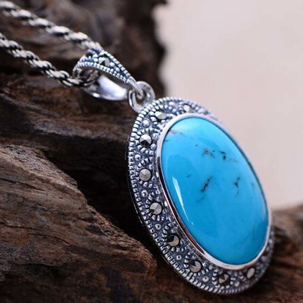 Women Vintage Necklace Sterling Silver Oval Turquoise Marcasite Charm Pendant （XH052566 ）