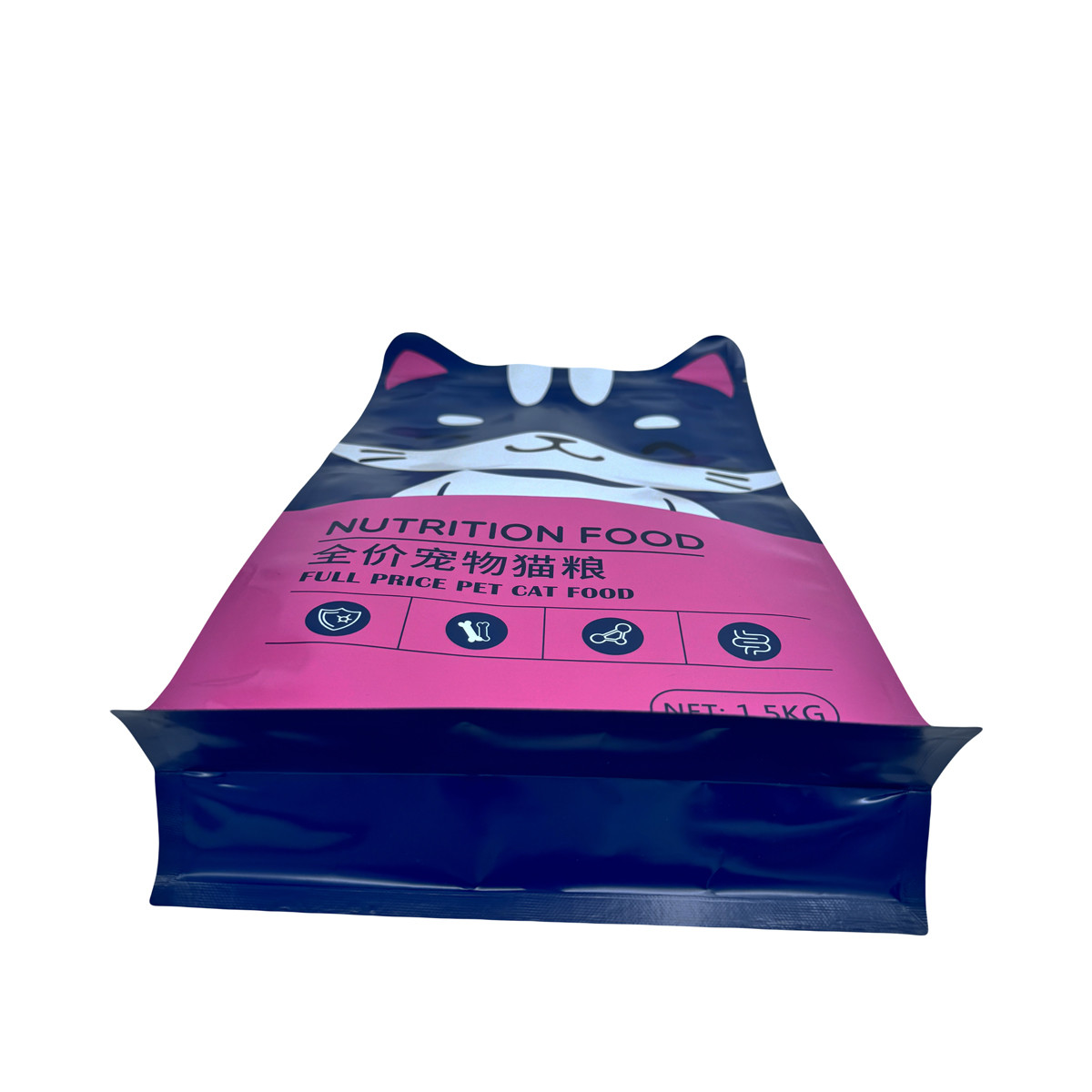 1.5kg Custom Cat Shape Design Stand Up Flat Box Bottom Pet Cat Food Packaging Bags Pouch with Resealable Zipper