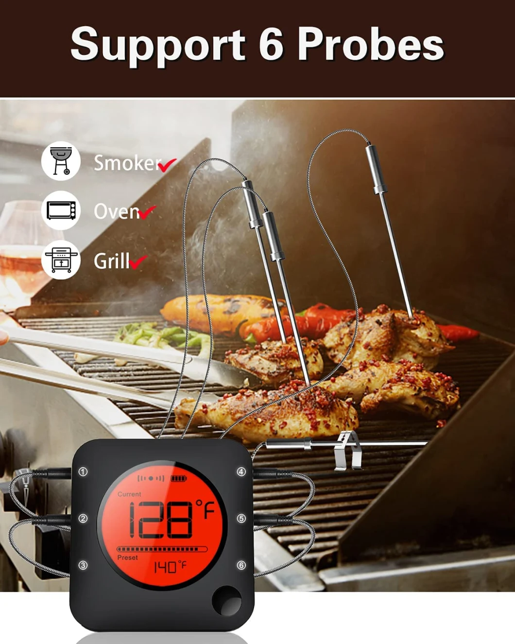 6 Meat Probe Wireless Meat Thermometer Cooking Food Meat Thermometer Wireless for Smoker BBQ Grill Thermometer
