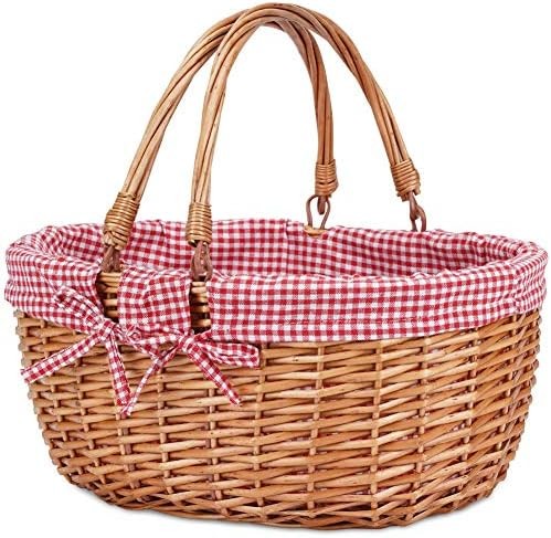 G GOOD GAIN Wicker Picnic Basket with Double Folding Handles,Willow Picnic Hamper,Natural Hand Woven Easter Basket,
