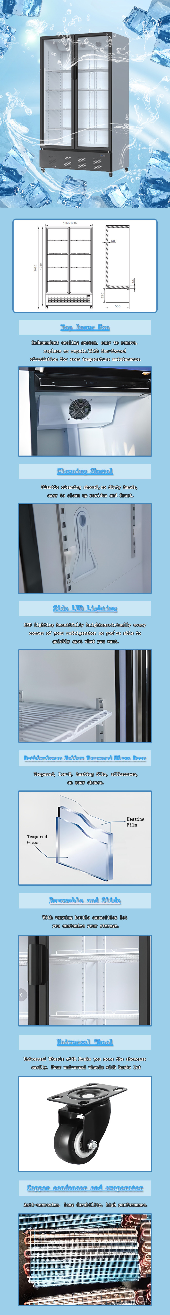 Upright 680L Drink Display Fridge 220V 50HZ Self Closing Glass Door Cooler