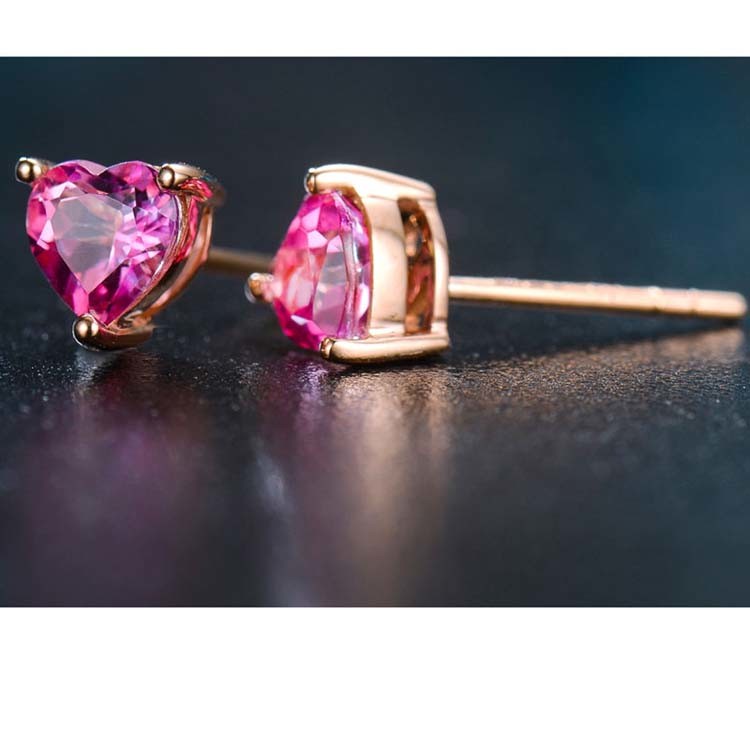 18K Rose Gold Ruby Heart Shape Stud Earrings Women Jewelry(KE001PINK)