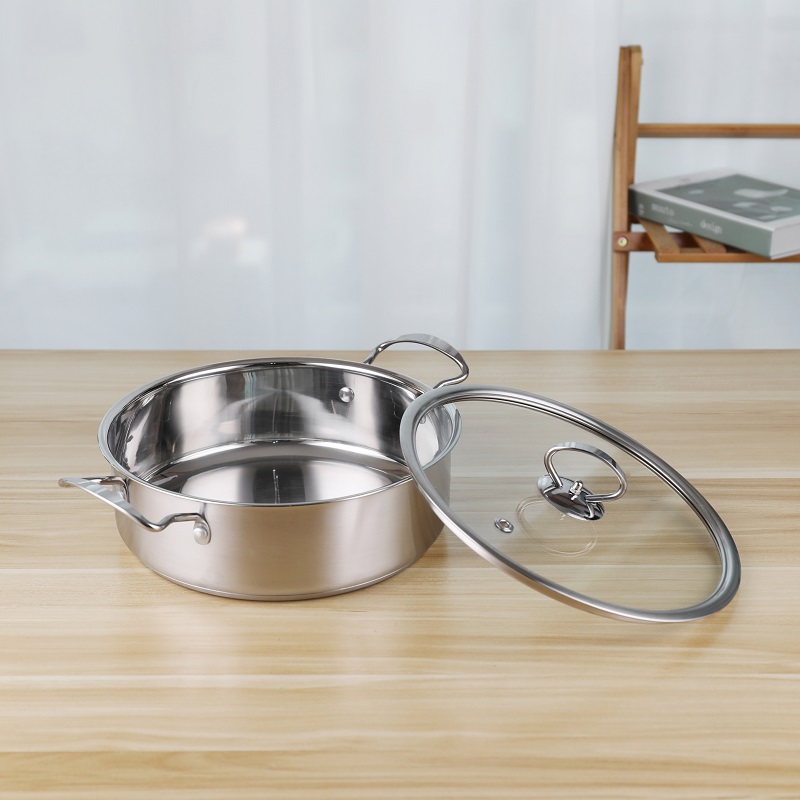 Double Handle Kitchen Soup Pots 24cm Stainless Steel With Glass Lid