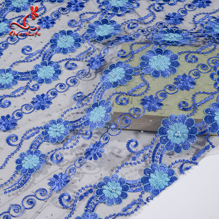 African Cord Blue Embroidered Floral Lace Fabric 127 CM Polyester