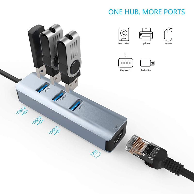 USB 3.0 to 6 Port USB Hub and 1000Mbps Ethernet Adapter for Male-Female Compatibility