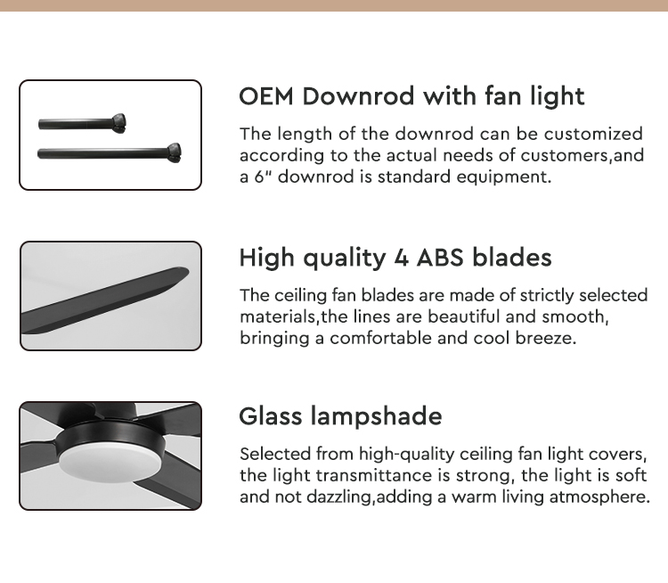 ROHS Certified 52" Modern Black Plastic Ceiling Fan with Remote Control and 4 Blades