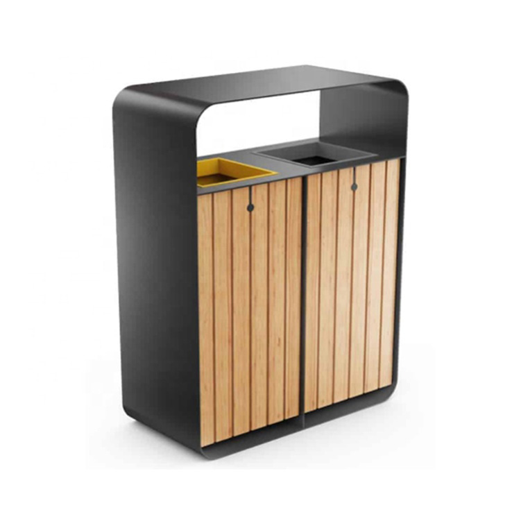 Contemporary Outdoor Wooden Garbage Bin 2 Compartments Recycling Bin Public Dustbin