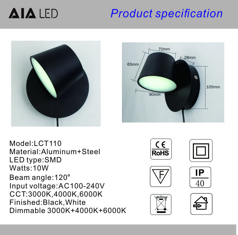 Interior headboard Reading Wall lamp Rotating Wall Lamps USB plug dimmable Color temperature wall Light
