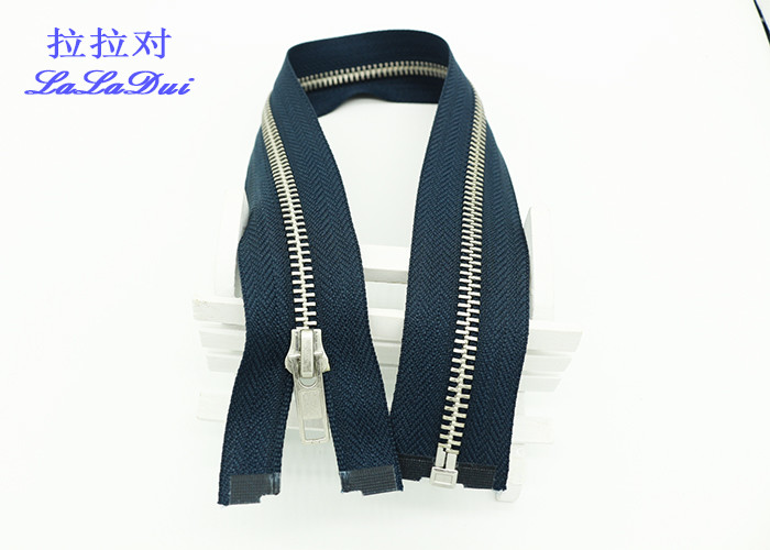 Silver Teeth 20 Inch Metal Separating Zipper Polyester Tape For Denim Coats