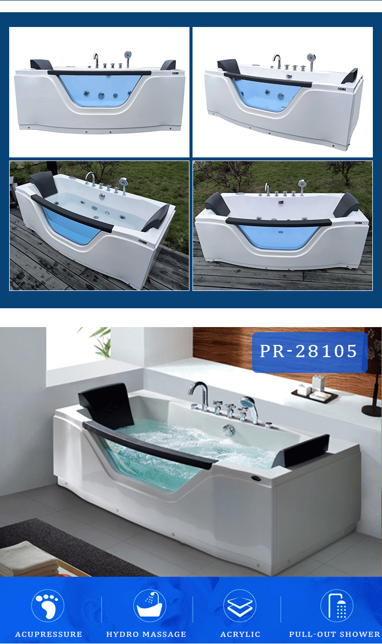 1.7m Acrylic Waterfall Whirlpool Bathtub Freestanding Two Person Equipment