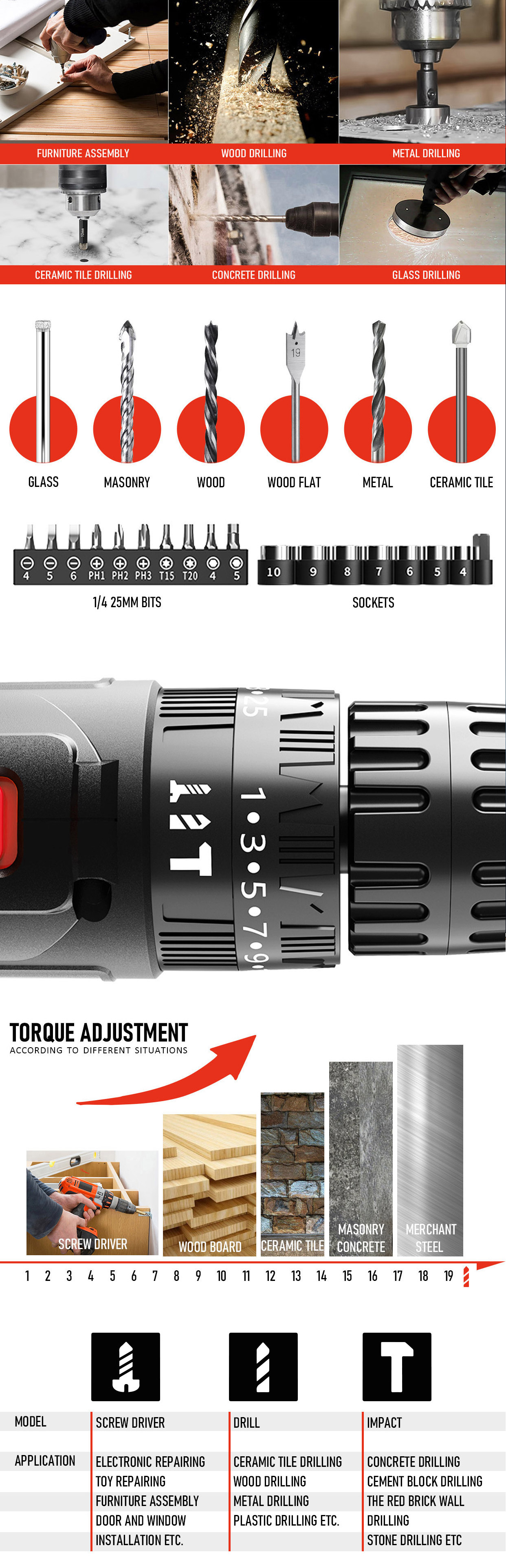 41 PCS Combo Kit Cordless Drill Machine 12v Battery Lithium Ion High Torque Cordless Drill