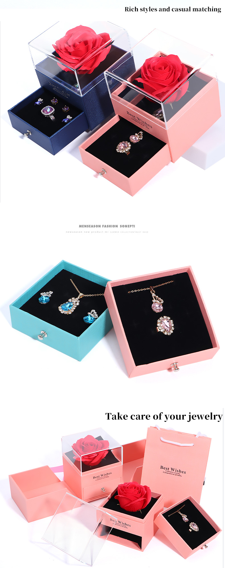Valentine's Day Rose Box Drawer Type Jewelry Packaging Box with Square Shape
