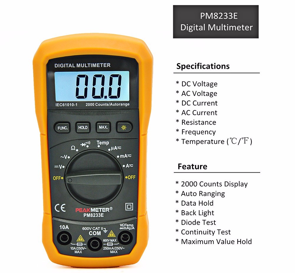 Frequency Test Auto Range Digital Multimeter 140mm × 67mm × 30mm High Safety Standard