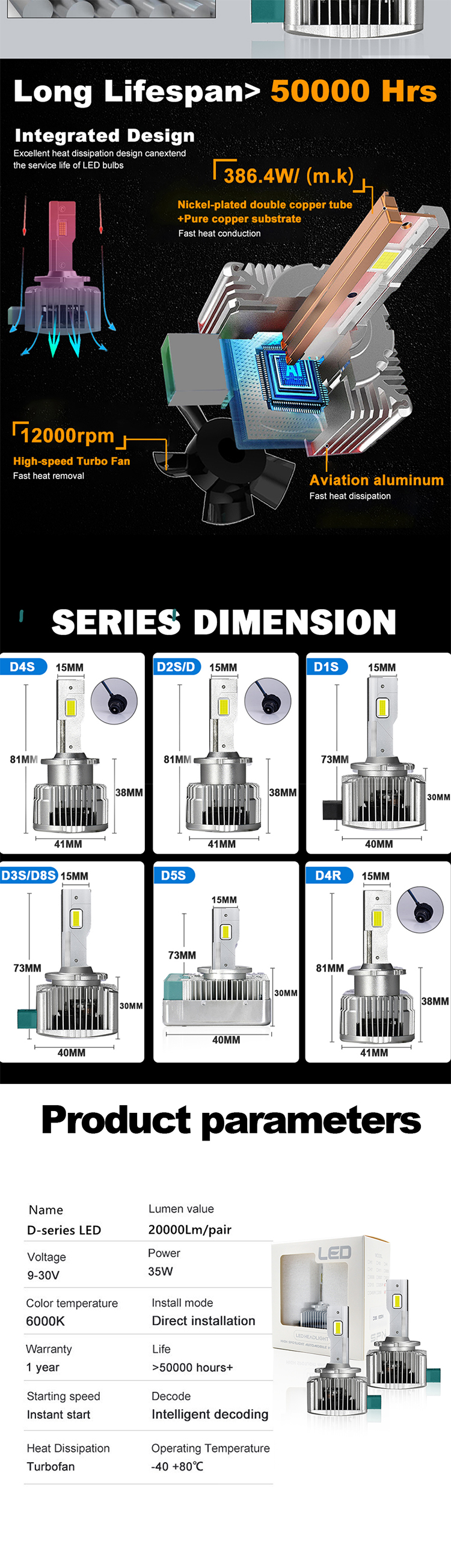 D Series Automotive LED Headlight Bulbs D1S D2S D3S D4S D5S D8S 8V-48V
