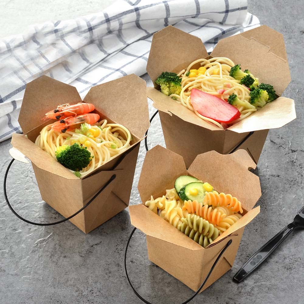 Anti Leakage Food Box 350 Gsm Kraft Paper Material With Black Handle