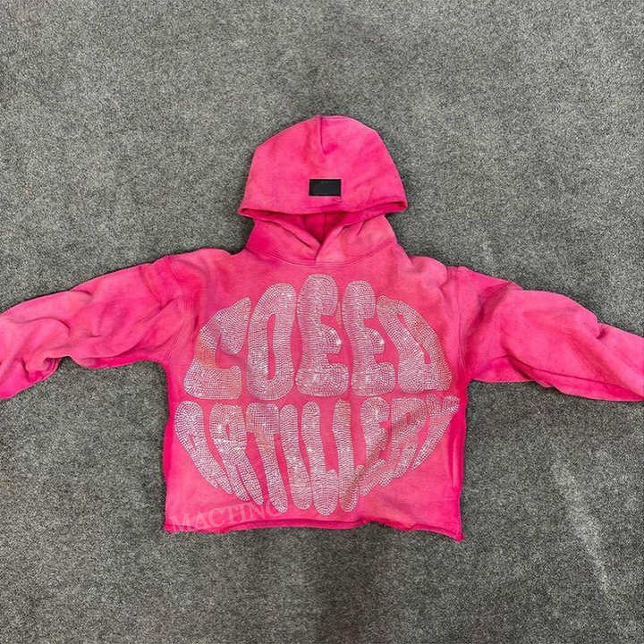 Men's Vintage Oversized Acid Washed Zip Up Raw Hem Rhinestone Cropped Hoodie Customizable