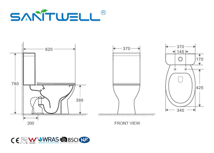 S Trap Close Coupled Toilet Ceramic Floor Standing 620 * 370 * 780mm