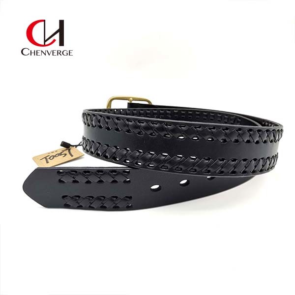 Men'S Center Bar Braided Leather Belt Cowboy Style Wear Resistant