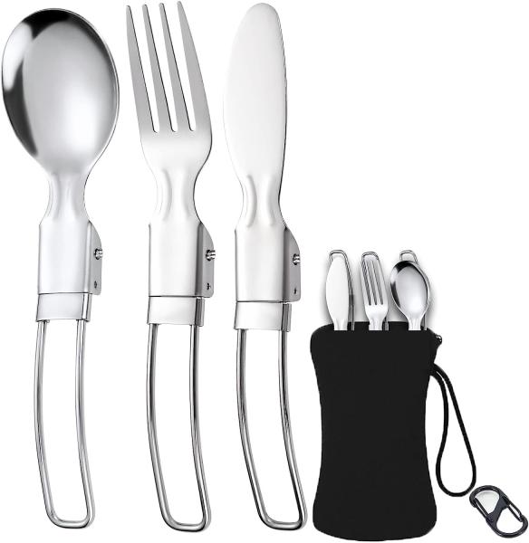 Stainless Steel Folding Knife Spoon Fork, Camping Utensils Set Foldable Travel
