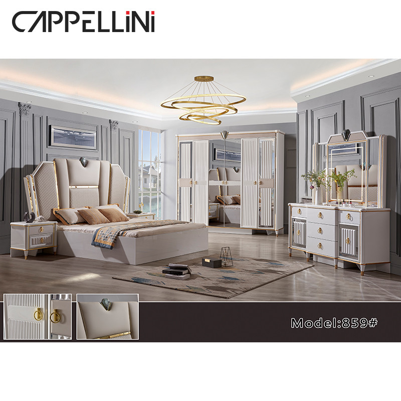 MDF Glass Bedroom Sets Furniture Wardrobe Bed Side Table Dressing Table Full Set