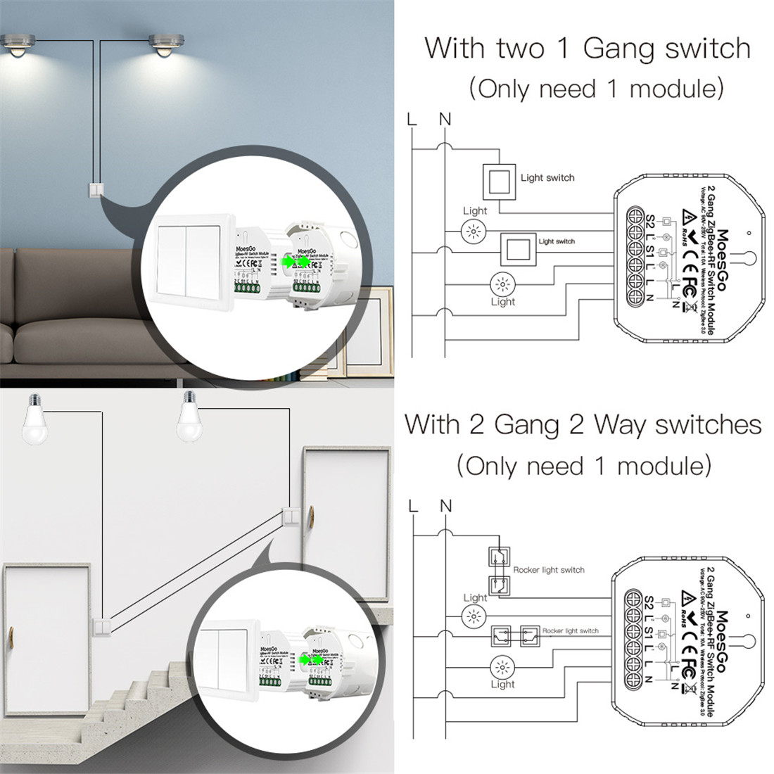 2Gang Zigbee3.0 Smart Switch Module With RF433 Function